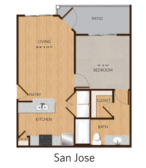 Floor plan for 1 bed, 1 bath, 588 sqft